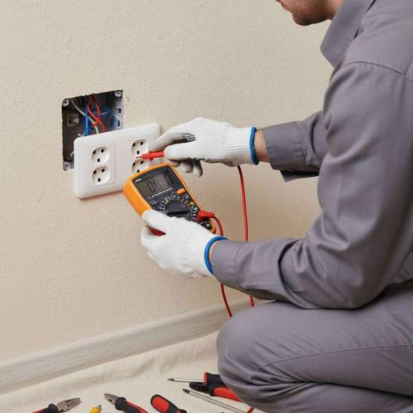 Electrician using a multimeter to test for an electrical fault