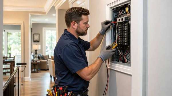 Electrician diagnosing a residential breaker panel during a repair visit